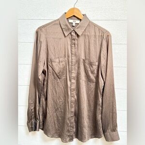 Etcetera | Silk Blend Copper Brown Button Down Long Sleeve Shirt Bead Detail - 6